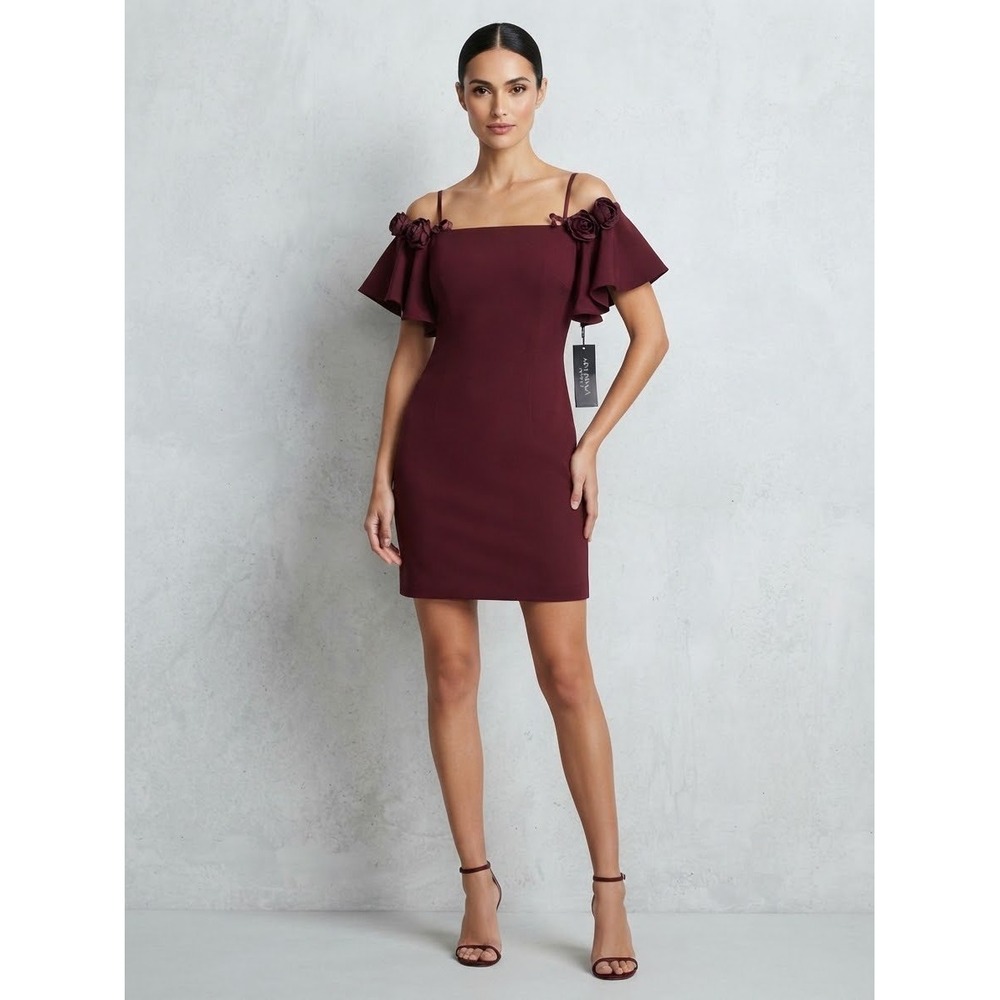 Adrianna Papell Womens Cocktail Dress 4 Red Rosette Cold Shoulder ADAE211458